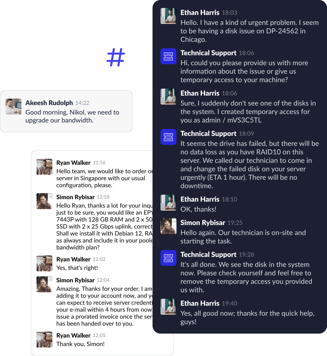 Screenshot of slack communication between client and technical support